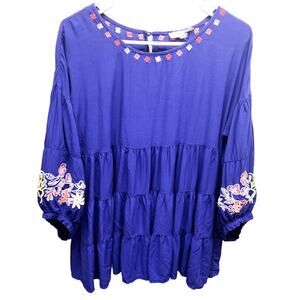 Laffaire Los Angeles  Boho Embroidered Blouse Royal Blue Peasant Top Size L
